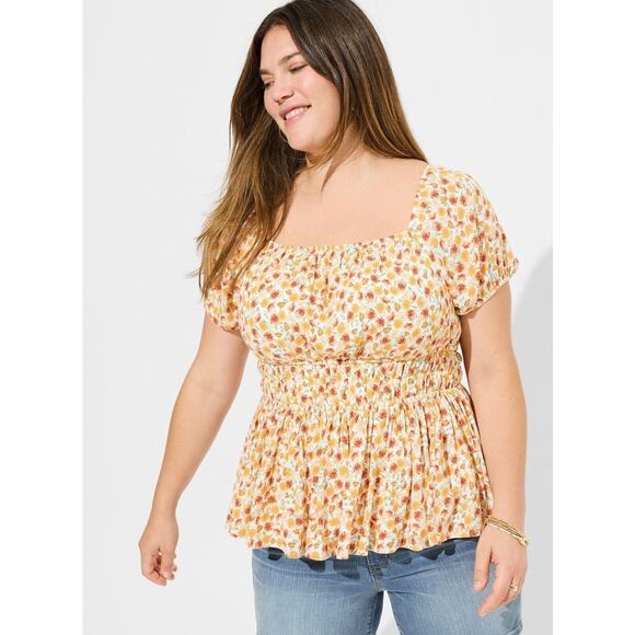 Torrid Womens Blouse Sz 5 5X 28 Crinkle Gauze Criss Cross Back Sunset Floral NEW - Picture 1 of 7